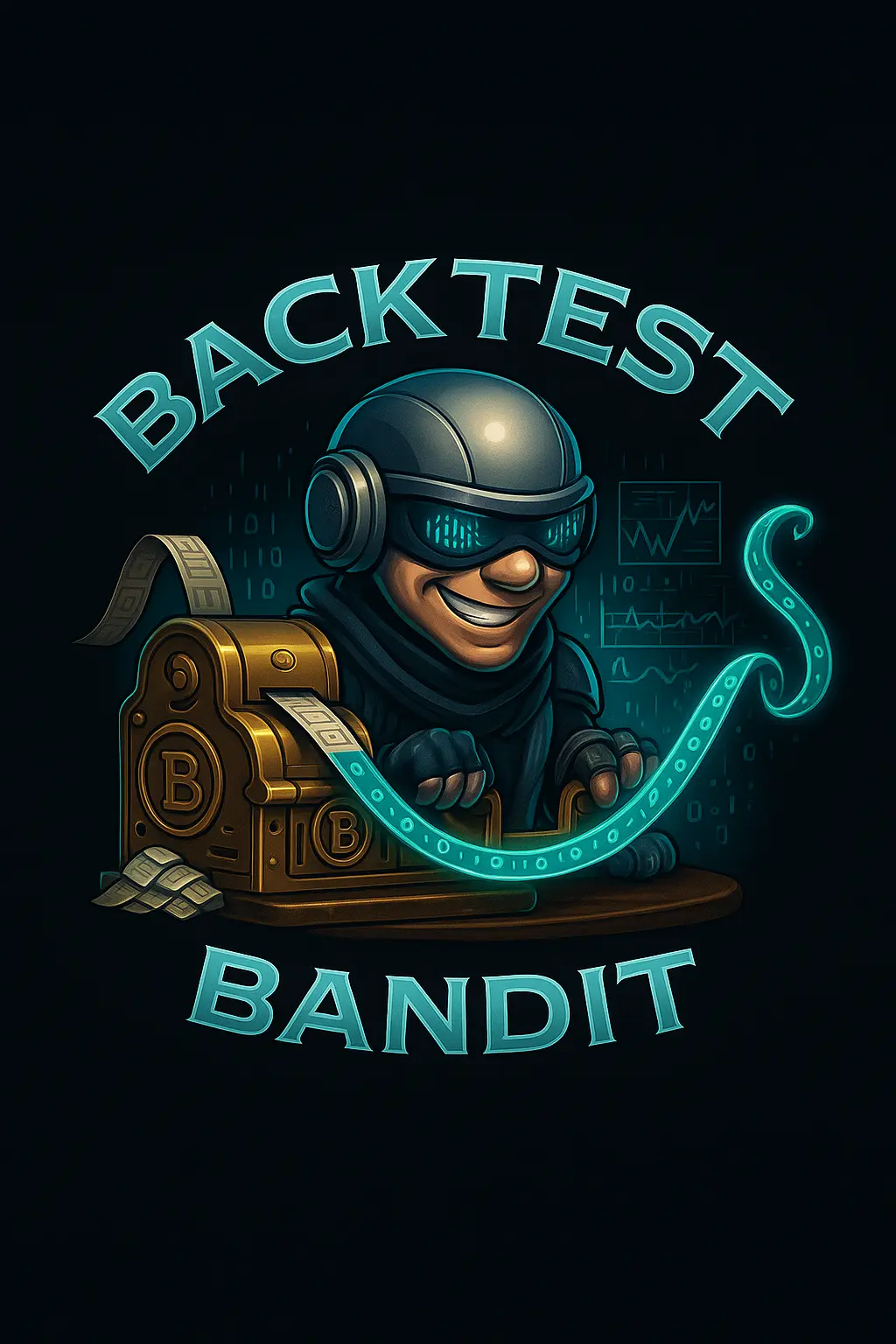 Backtest Bandit logo: futuristic robot with bandit visor testing a brass ticker streaming glowing binary tape